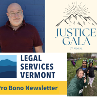 LSV Pro Bono Newsletter: photo of Sam; photo of three staff members at running race; logo for Justice Gala