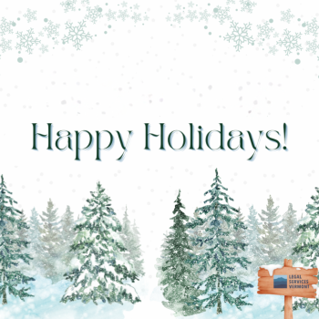 Happy Holidays! With snowy evergreen trees.